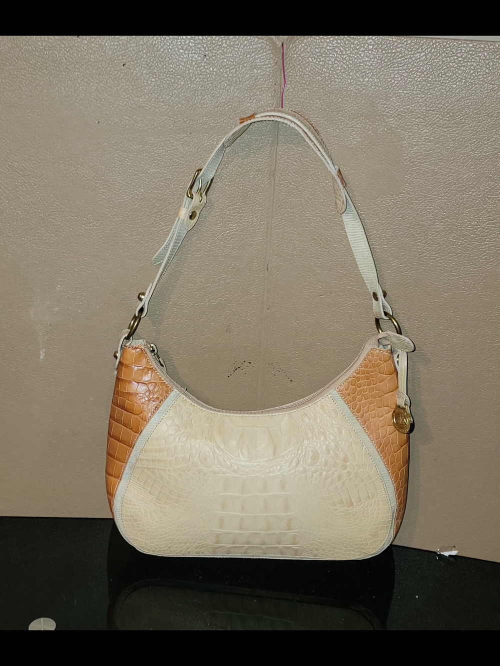 BRAHMIN Two-Tone Cream and Tan Croc-Embossed Shoulder Bag - Picture 11 of 16